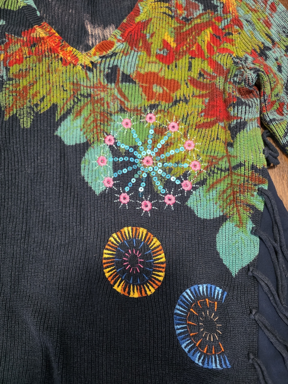 Desigual Navy Sweater with Multicolor Leaf Motif - Picture 5 of 5